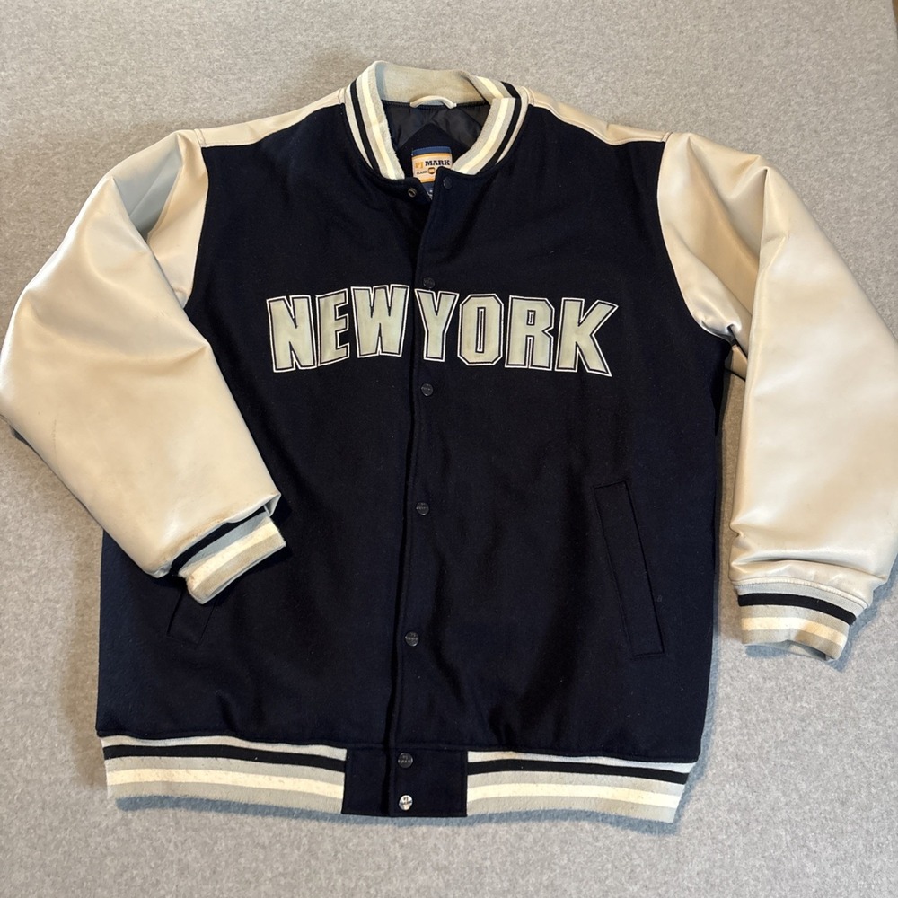 PJ Mark NEW YORK Varisty Bomber Jacket Snap Button Dark Blue Gray Sz 2XL